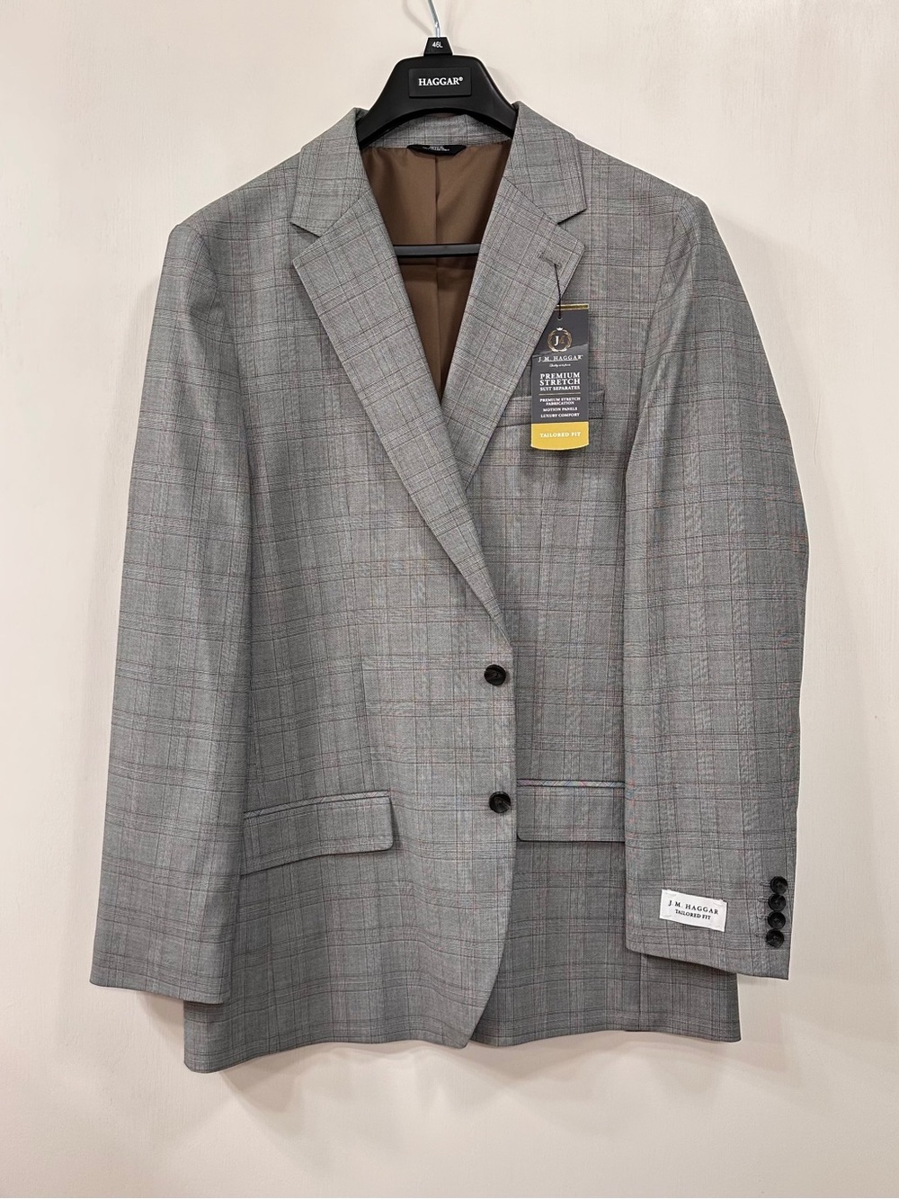 J.M.Haggar Premium Stretch Suit Jacket Classic Gray Glen Plaid Taylor Fit $220